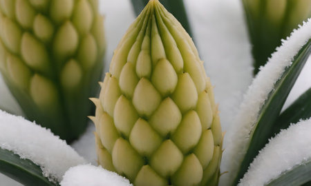 Close-up of green hyacinth flower covered with snow.の写真素材