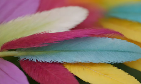 Colorful feathers of different colors close-up. Background and textureの写真素材