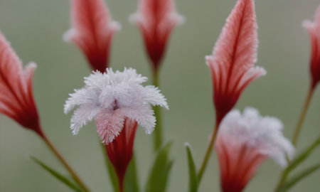 Red and white flower with ice crystals on the petals in winterの写真素材