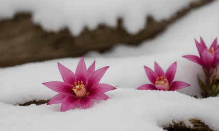 Pink flowers in the snow. Selective focus and shallow depth of field.の写真素材