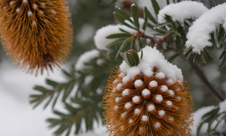Close up of a snow covered tree branch with conesの写真素材