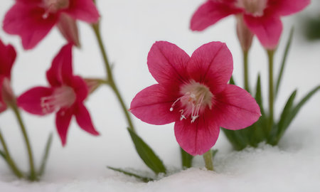 Pink flowers in the snow. Shallow depth of field. Selective focus.の写真素材