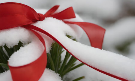 Close up of a red bow on a bush covered with snow.の写真素材