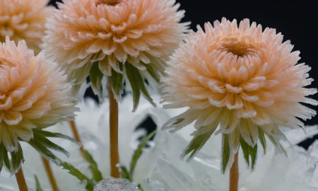 Close up of dahlia flowers covered with ice on black backgroundの写真素材