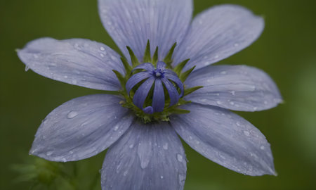 Close up of a blue flower with raindrops on the petalsの写真素材
