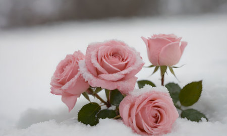 pink roses in the snowの写真素材