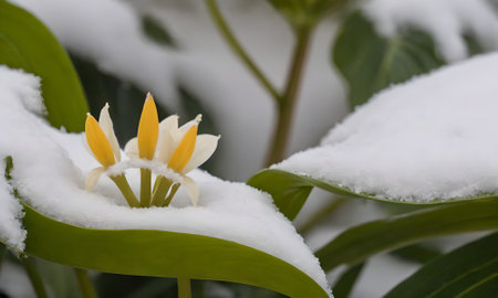White flower on a green leaf covered with snow in the winter.の写真素材