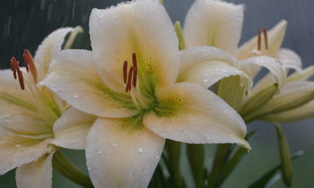 White lily with raindrops on the petals. Close-up.の写真素材