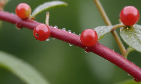 Red berries on a green leaf with dew drops close-up