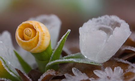 Macro of a yellow flower in the snow with ice crystals.