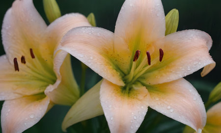 Beautiful lily flowers in the garden with raindrops on the petalsの写真素材