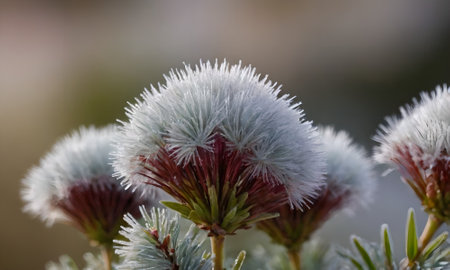 Frost on the leaves of a coniferous tree in winter