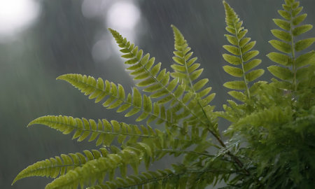 Fern leafs in the rain. Nature background. Selective focus.の写真素材