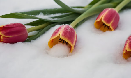 Bouquet of tulips in the snow. Spring flowers.の写真素材