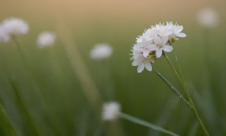 Close up of small white flowers in a meadow with green grass