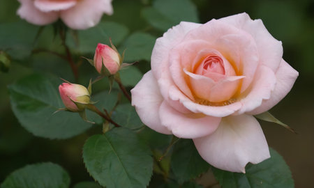Beautiful pink rose blooming in the garden on the nature backgroundの写真素材