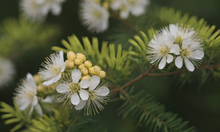 White flowers of a spruce tree in the spring, close-upの写真素材