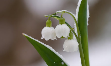 Lily of the valley (Convallaria majalis) in the snowの写真素材