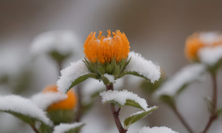 Snow-covered orange flower on a branch of a bush in winterの写真素材
