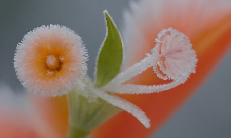Close up of tulip flower covered with hoarfrost, selective focusの写真素材