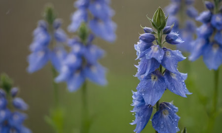 Blue delphinium flowers with dew drops on petalsの写真素材