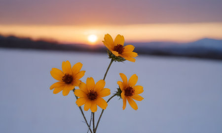 Beautiful yellow flowers on the background of the setting sun in winter