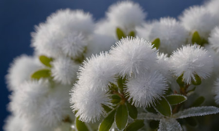 Close up of white snowflakes on a plant in winter.の写真素材
