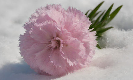 Pink carnation flower in the snow, close-up, macroの写真素材