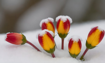 Yellow and red tulips with snow, selective focusの写真素材