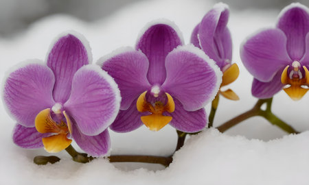 Purple Phalaenopsis orchid flowers in the snow.の写真素材