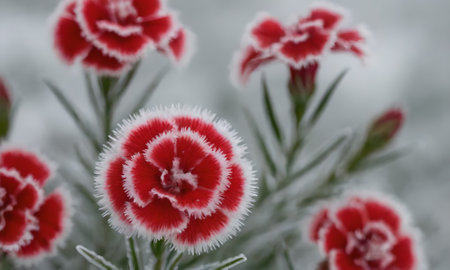 Close-up of red dianthus flowers covered with hoarfrostの写真素材