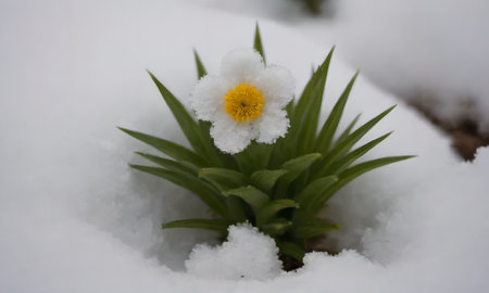Snowdrop flower in the snow, macro, selective focus, shallow DOF.の写真素材