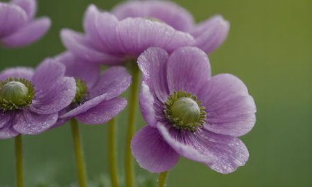 purple anemone flowers with raindrops on a green backgroundの写真素材