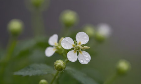 Small white flowers with water drops on the petals and green leavesの写真素材