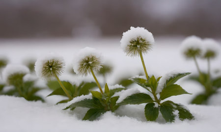 Grass flower under the snow in the winter. Shallow depth of field