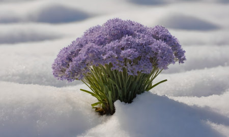 Lavender flower in the snow. Spring flowers in the snow.の写真素材
