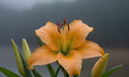Orange lily with raindrops on the petals in the gardenの写真素材