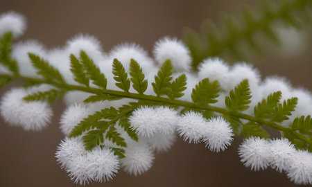 Fern leaves and white snowflakes in the forest, macro