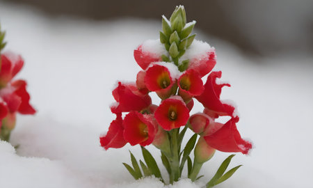 Red flowers in the snow with snowflakes, close-upの写真素材