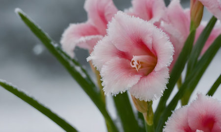 Pink gladiolus in the snow, close-up, macroの写真素材