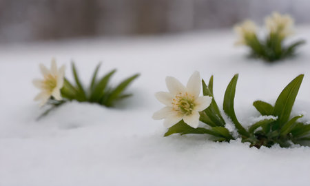 Wood anemone (Anemone nemorosa) on snowの写真素材
