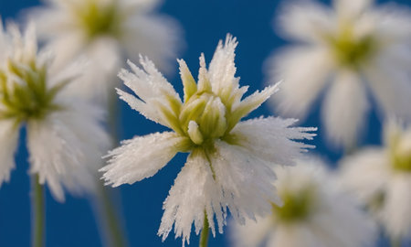 White flowers on a blue background close-up. Macro photography.