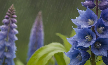 Blue lupine flowers with raindrops on a blurred background.の写真素材