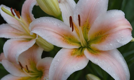 Beautiful lily flowers with raindrops on the petals.の写真素材