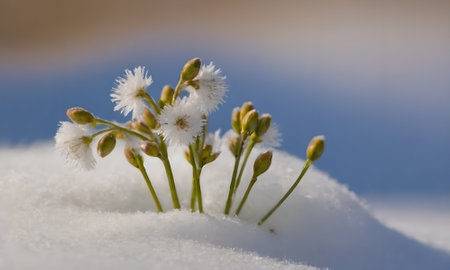 Snowy meadow with small flowers in the early spring. Close-up.の写真素材