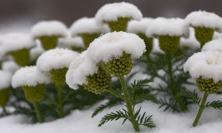 Chrysanthemum under the snow in the garden in winter