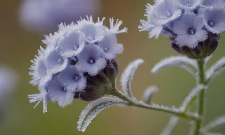 Close up of a blue flower in the early morning with hoarfrost