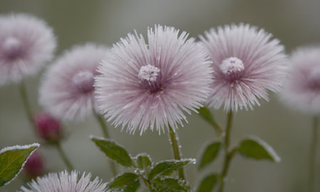 Flowers covered with hoarfrost on a blurred green background.の写真素材