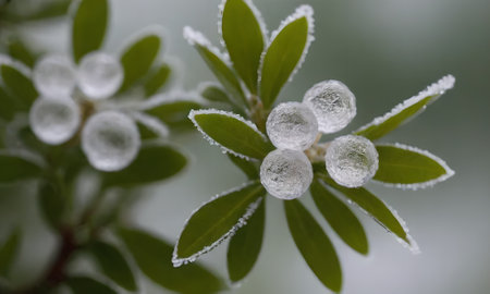Frost on the leaves of a bush in winter. Macro.