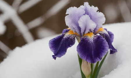 Iris flower in the snow, close-up, selective focusの写真素材